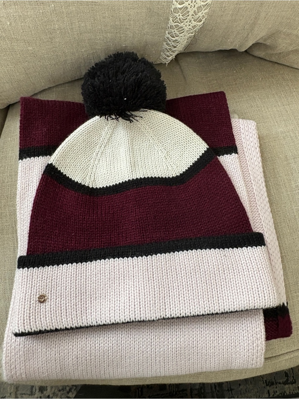 Kate Spade Burgundy and Cream Knit Pom Beanie and Scarf Set